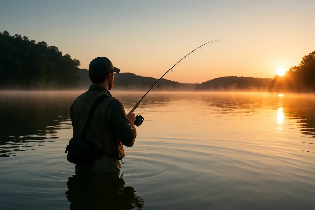 A fisherman standing waist-deep in a calm lake at sunrise, casting a line toward the misty horizon with wooded hills in the background.
