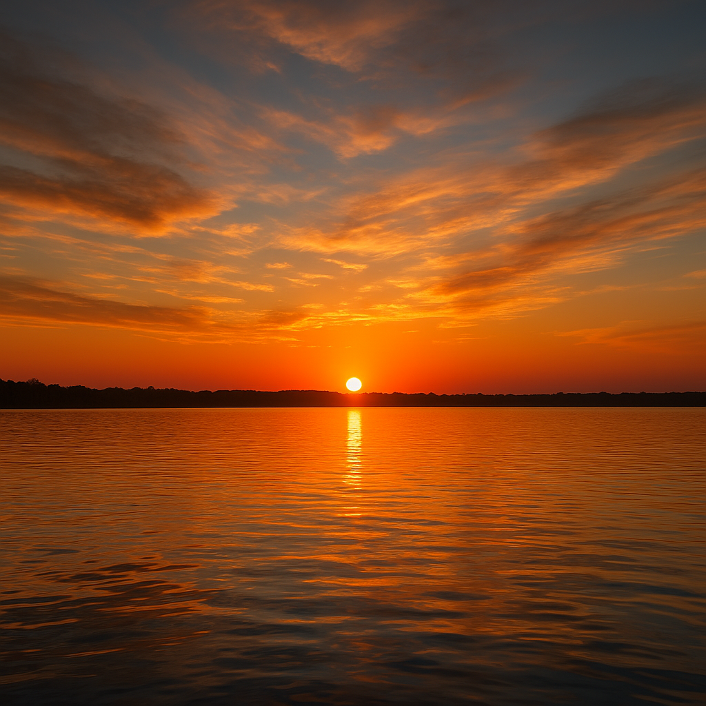 Sunset over a calm freshwater lake, representing evening wiper feeding activity.