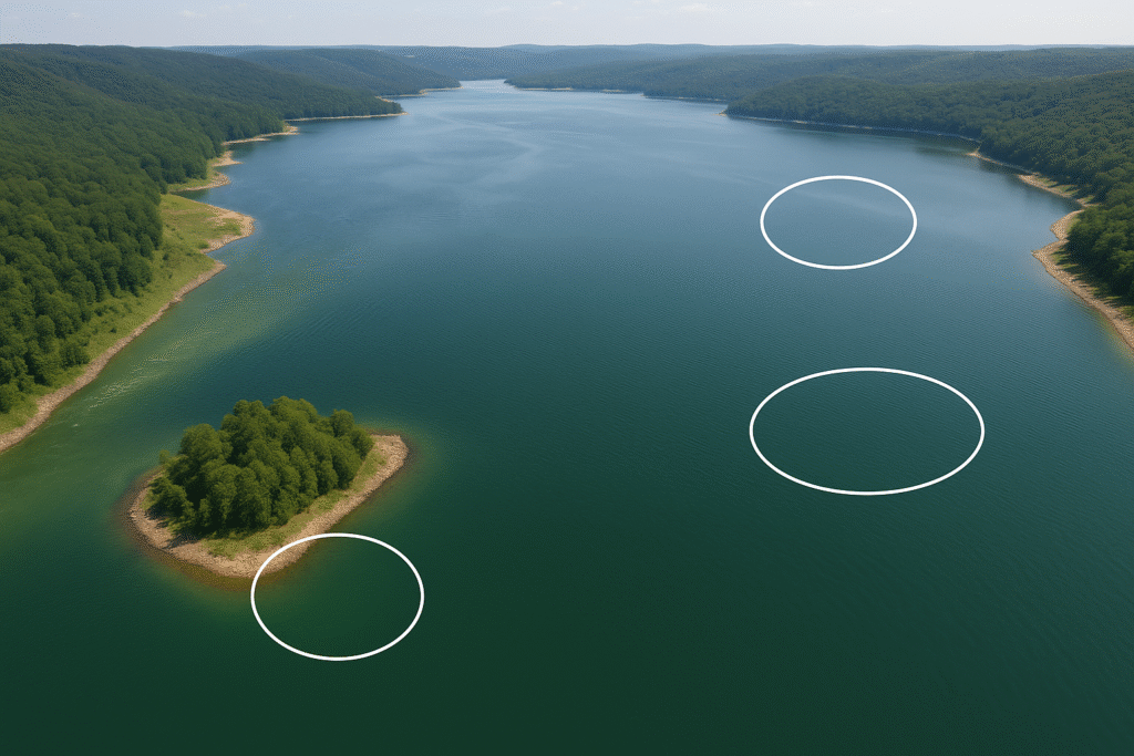 Aerial view of a freshwater reservoir showing wiper fish habitats, with circles marking rocky points, open-water zones, and current seams where baitfish gather.