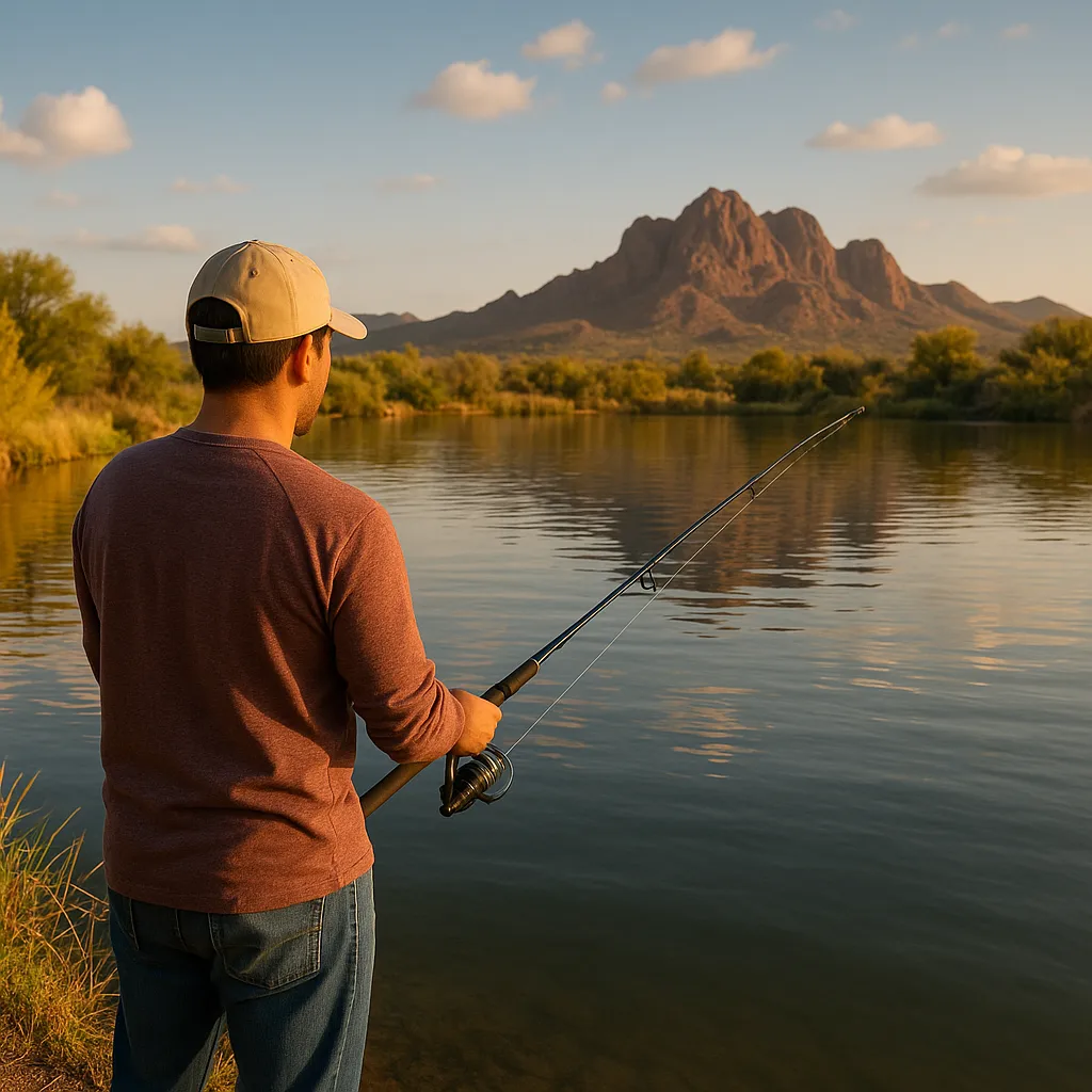 Man shore fishing at an Arizona lake during sunset, representing the experience anglers need a fishing license for in the state.