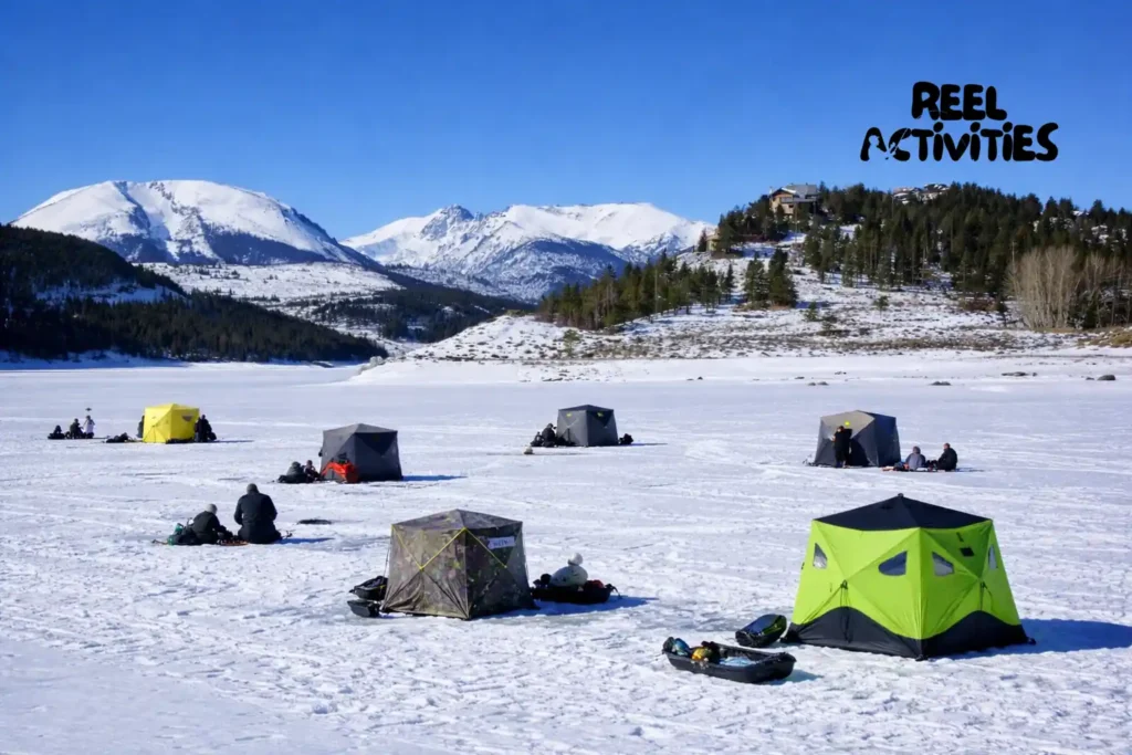 Winter ice fishing scene at Dillon Reservoir near Breckenridge, a popular Colorado ice fishing location in the mountains.