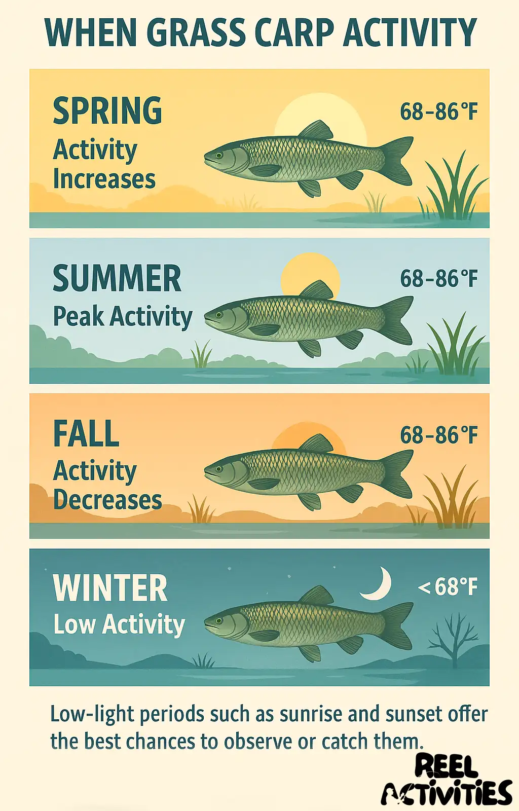 Infographic of grass carp seasonal behavior, highlighting activity increases in spring, peak feeding in summer, decreased movement in fall, and low activity in winter.