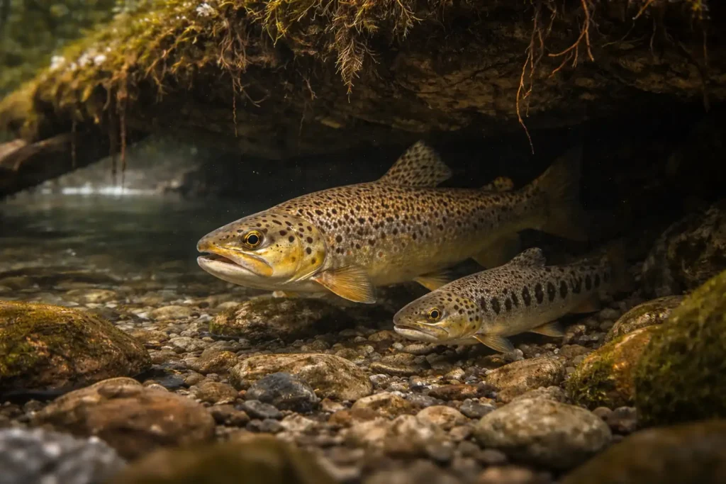 Two brown trout swim under a rocky, moss-covered ledge in a clear stream. The scene is serene, highlighting their speckled bodies and natural habitat.