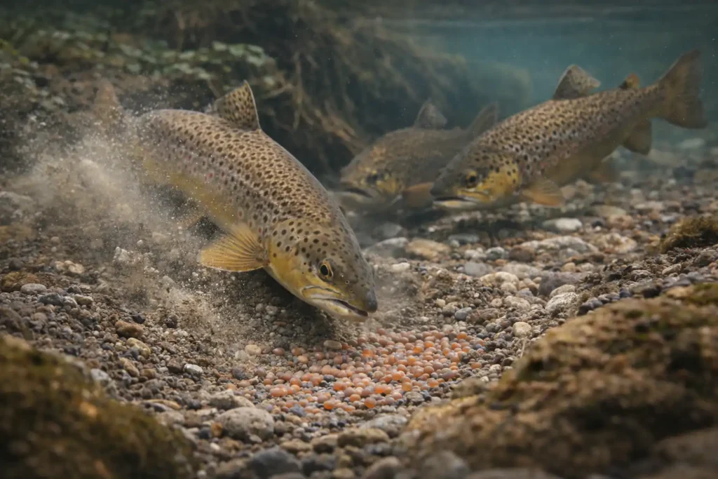 Underwater view of three brown trout spawning, surrounded by gravel and fish eggs. The scene conveys a natural, serene aquatic environment.