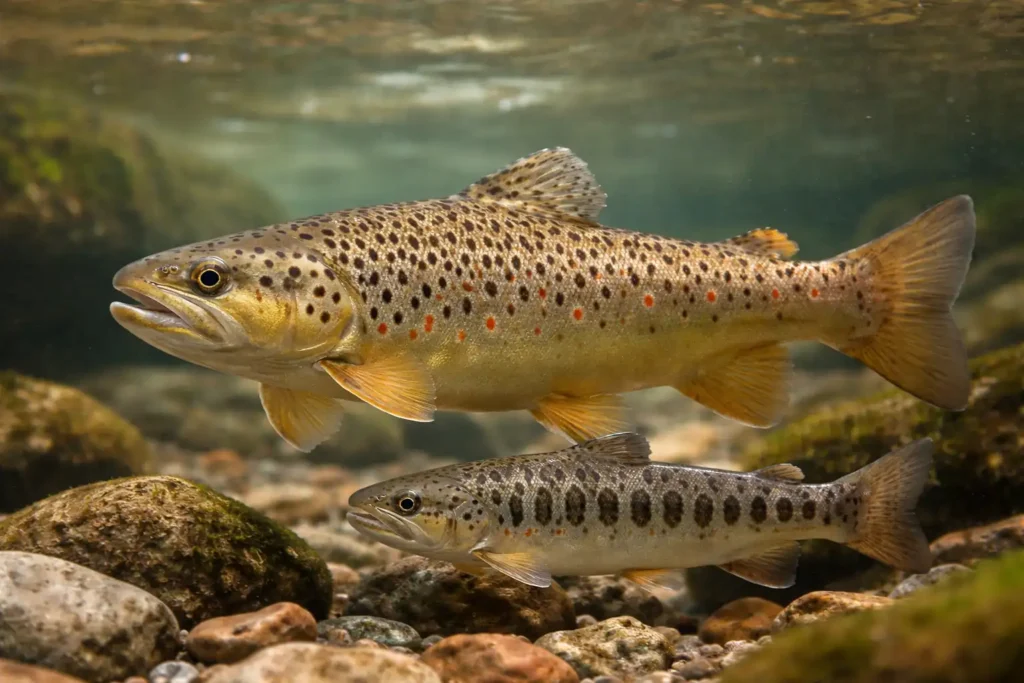 Two brown trout swim in a clear stream. The larger fish showcases distinct dark spots and orange hues. Pebbles and moss-covered rocks line the streambed.