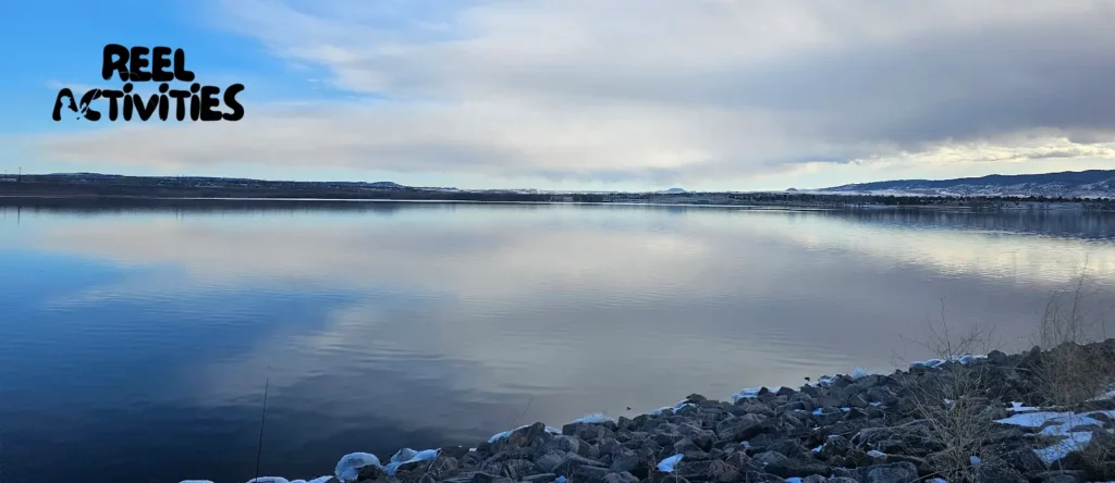 Winter view of Chatfield Reservoir, a popular ice fishing spot near Denver and one of the best ice fishing lakes in Colorado.
