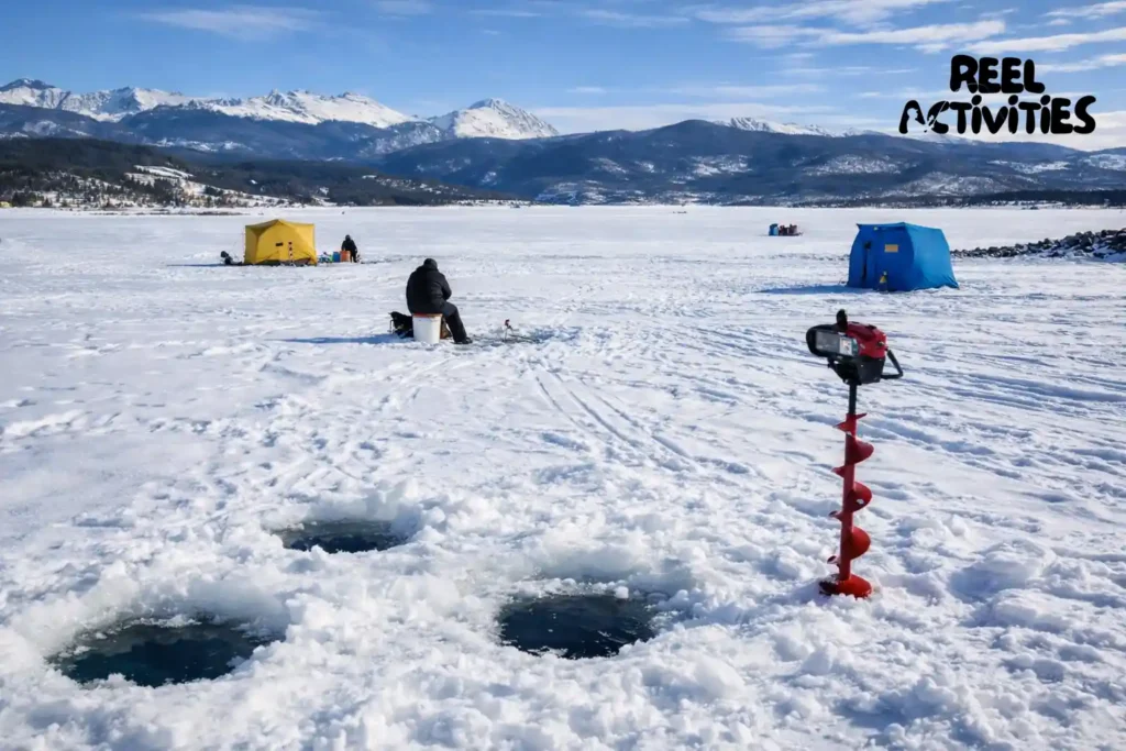 Ice fishing at Lake Granby in Colorado with anglers, shelters, and augered holes on a frozen lake, one of the best ice fishing spots in Colorado.