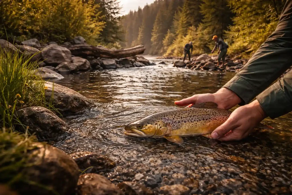 A person gently releases a large, brown trout into a sunlit forest stream. Two people stand on the rocky bank, highlighting a tranquil nature scene.