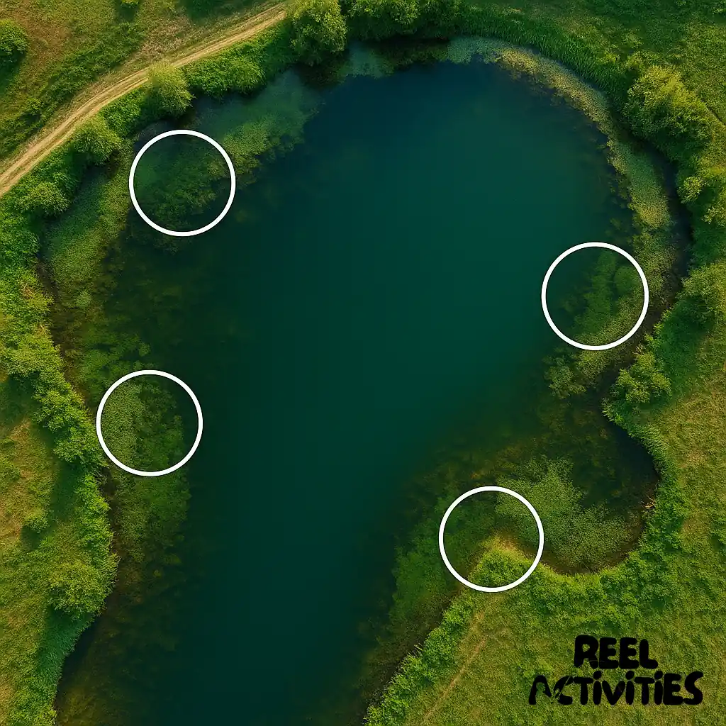 Aerial illustration of a pond and lake showing grass carp habitat zones with circles marking the best areas to cast, including shallow weedy coves, backwater edges, and vegetated flats.