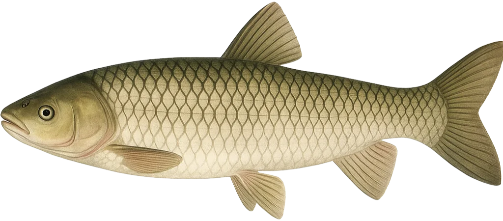 Illustration of a grass carp with a long streamlined body, large diamond shaped scales, and silvery olive coloration.