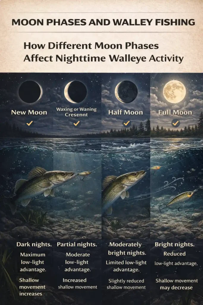 4a19af62-5b03-4b98-bef5-74e97ddddf49 Moon phases infographic showing how lunar cycles affect nighttime walleye behavior and the best time to catch walleye under low-light fishing conditions.