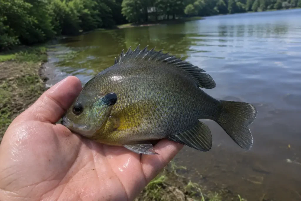 Angler holding a bluegill caught while learning how to catch bluegill during summer near a lakeshore.