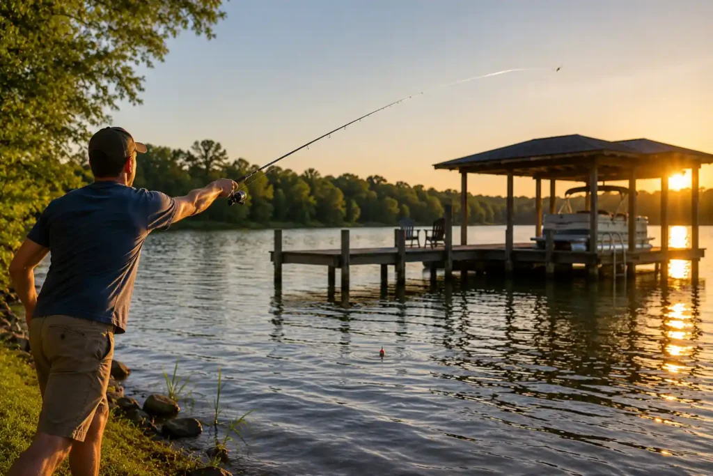 Angler casting toward a dock at sunset while targeting structure during sunfish fishing