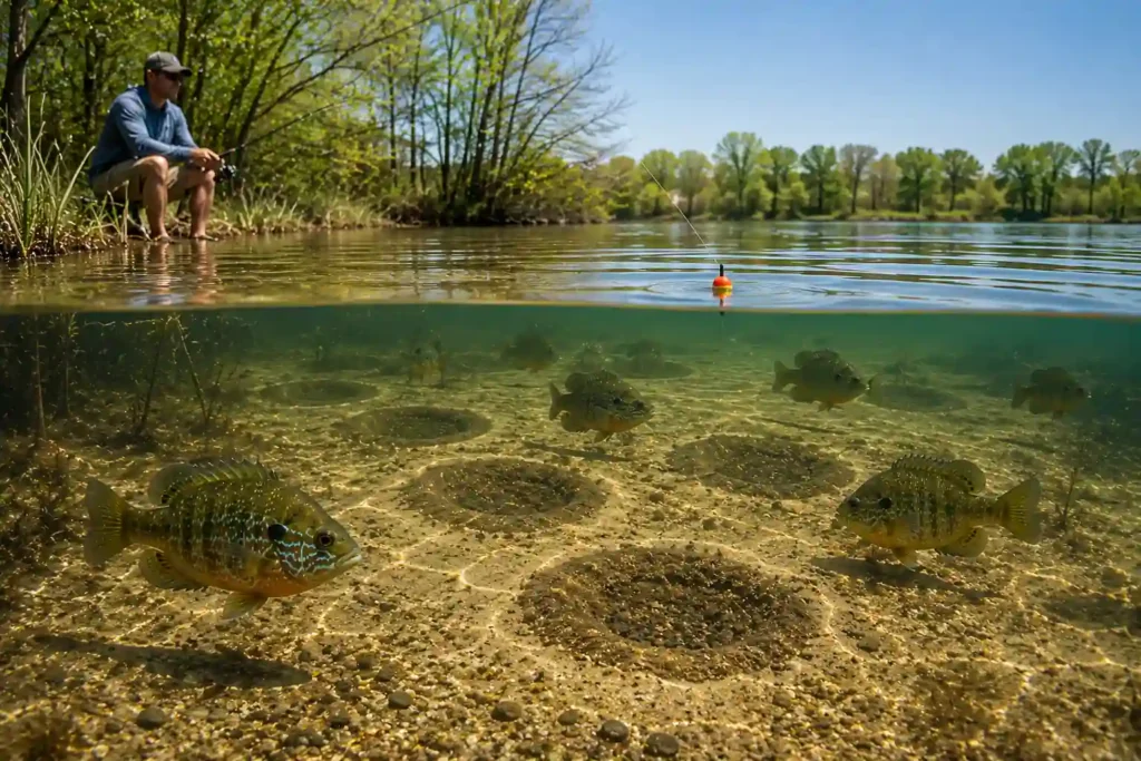 Sunfish guarding spawning beds in shallow water while an angler fishes nearby during the spring sunfish fishing season