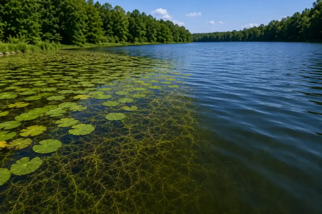 Healthy weed edge and lily pad habitat where anglers can find bluegill in summer
