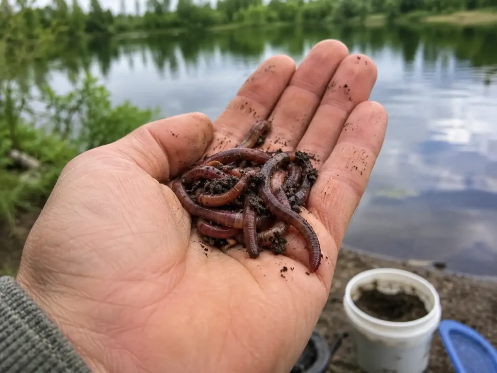 Hand holding live worms for fishing bait beside a lake during summer bluegill fishing