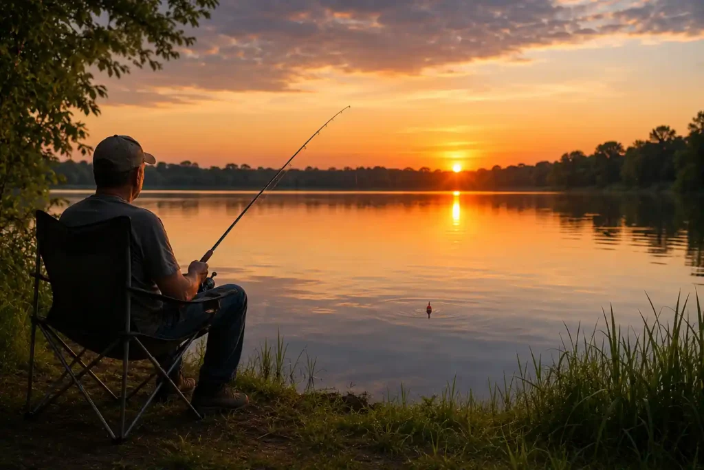 Angler fishing from a chair at sunset with a bobber floating on a calm lake during prime evening sunfish fishing hours
