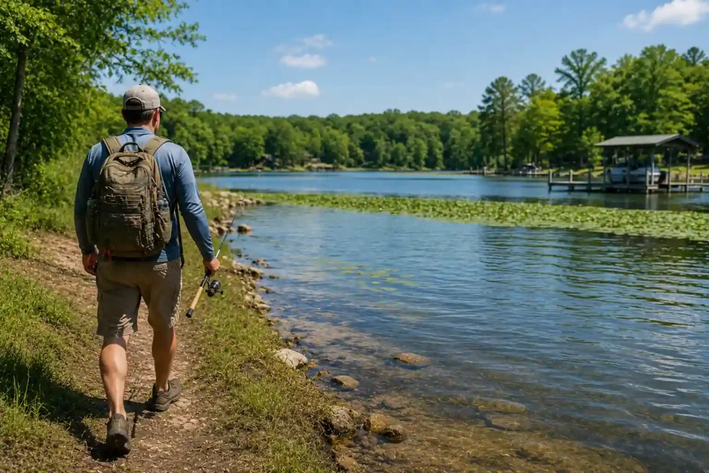 Angler walking along a lake shoreline with a fishing backpack and rod while searching for productive sunfish fishing locations