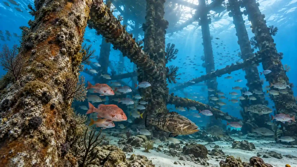 CoralReefReelActivities Fish swimming around an offshore structure covered in marine growth, illustrating artificial reefs and offshore habitat.